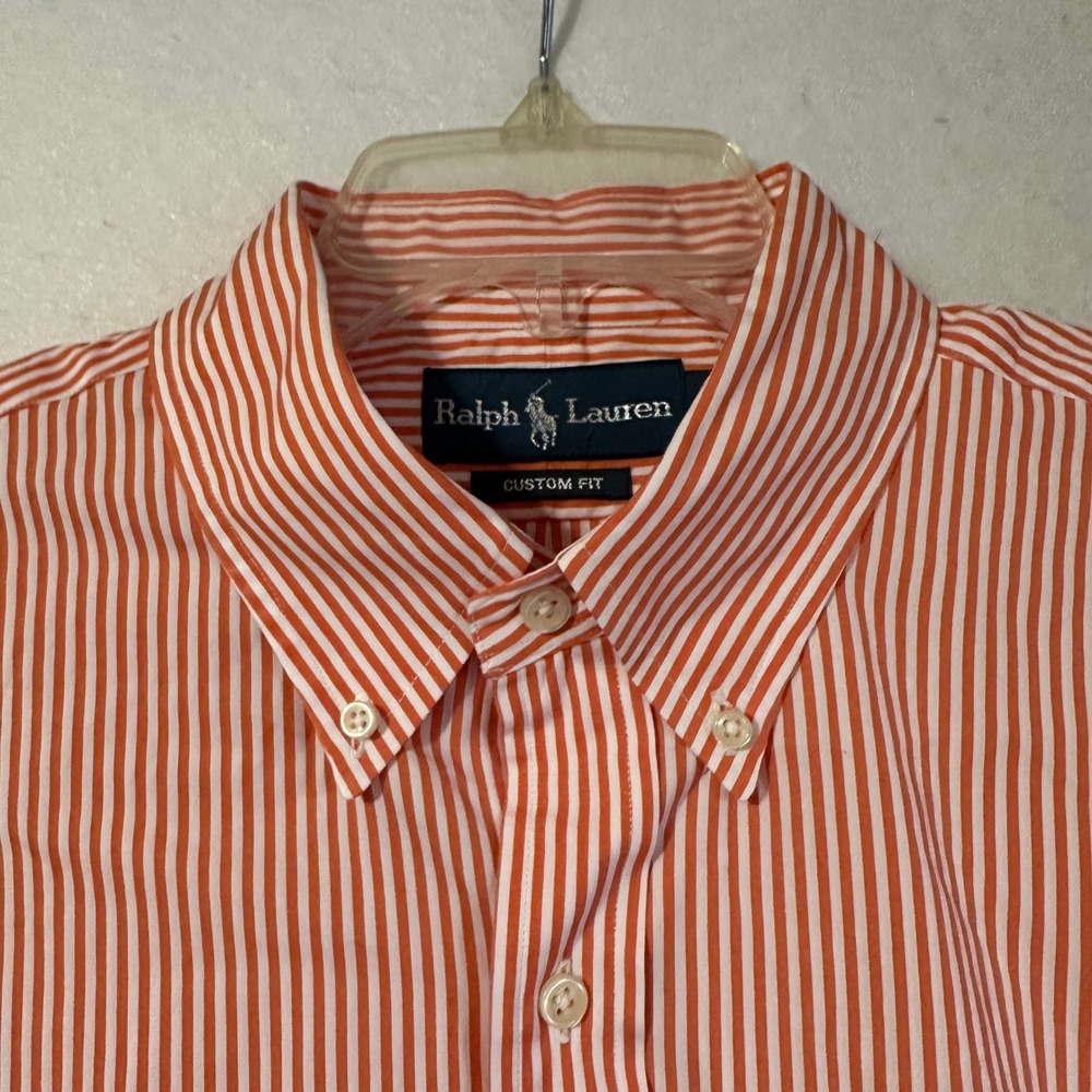 Ralph Lauren Custom Fit Mens Large Orange White Striped Button Down Shirt Cotton